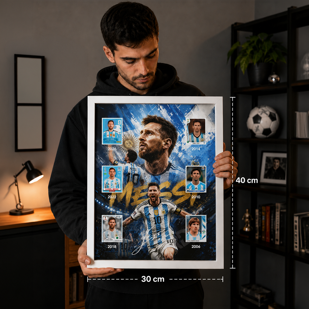 Quadro Lionel Messi edição colecionador com moldura elegante e cromos em relevo