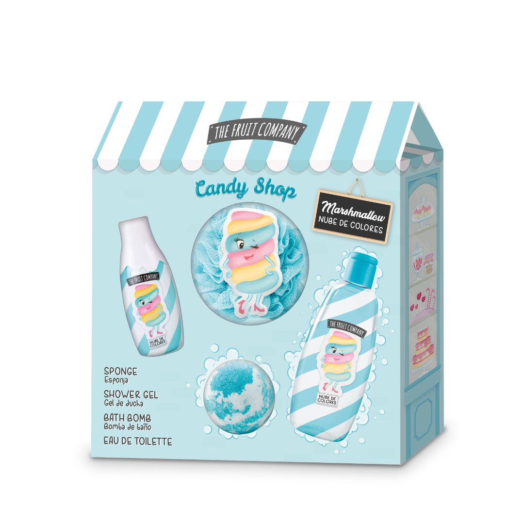 Set de Banho Marshmallow The Fruit Company com perfume, gel de duche, bomba de banho e esponja