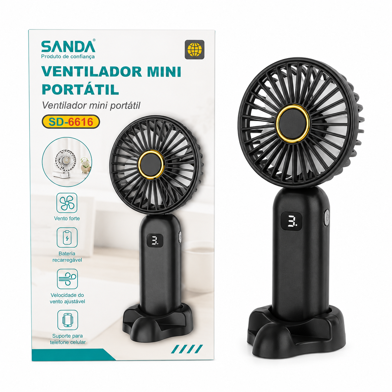 Ventilador portátil com suporte para telemóvel SANDA