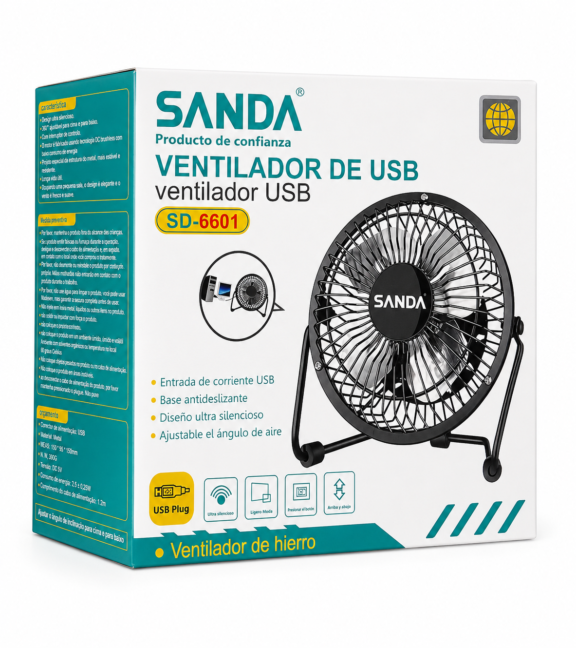 Ventoinha USB silenciosa com estrutura metálica preta