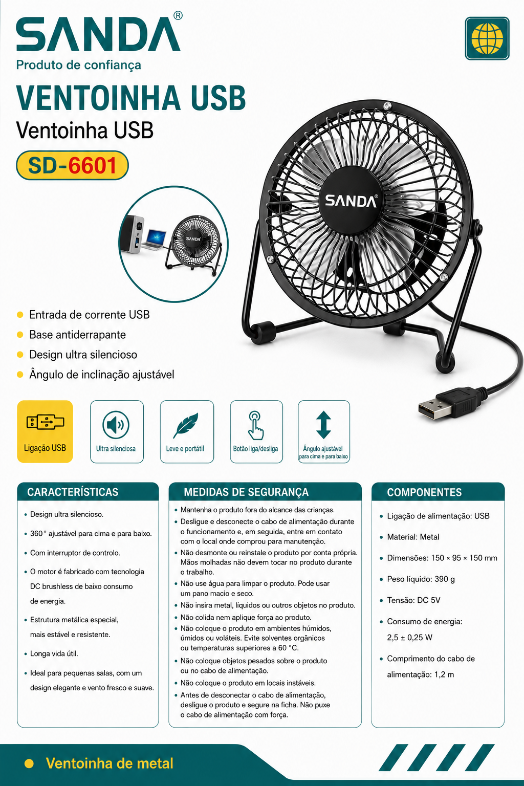 Ventoinha USB ajustável para computador e escritório