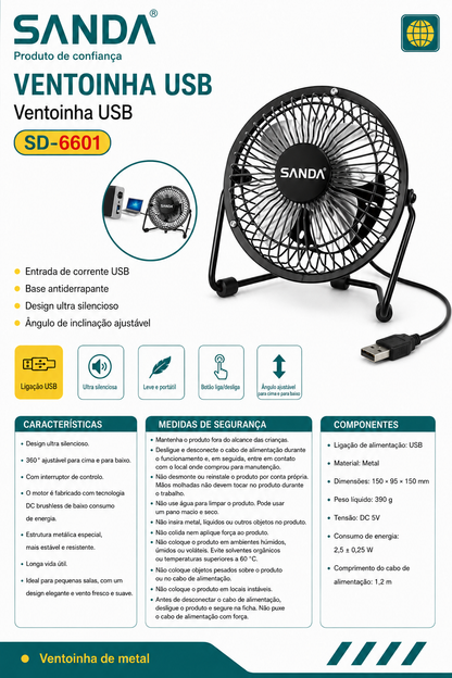Ventoinha USB ajustável para computador e escritório